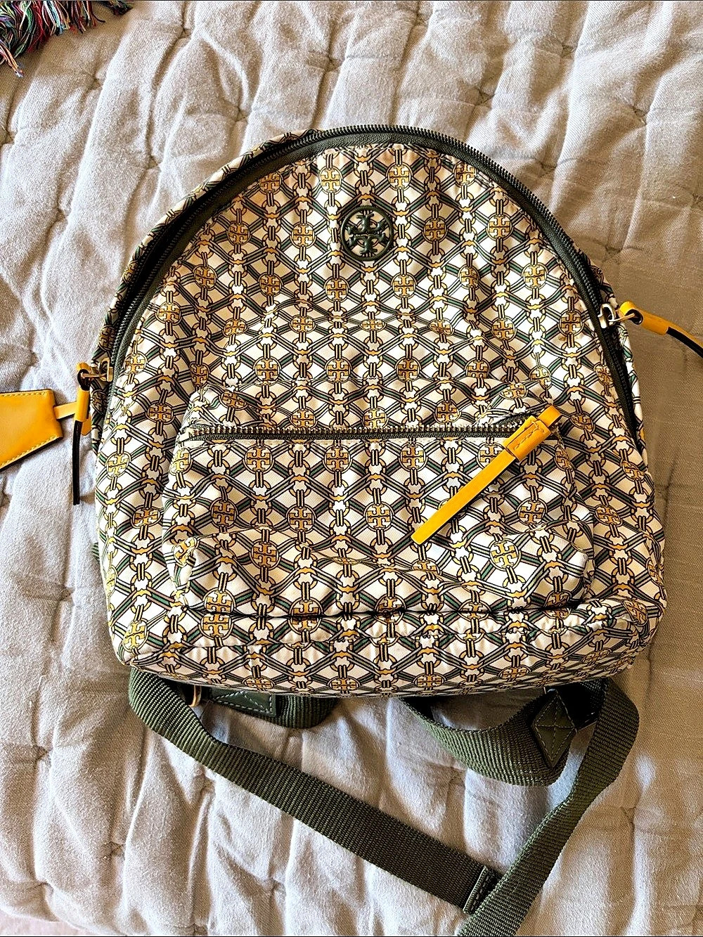 Tory Burch Printed Small Zip Backpack in Green & Yellow